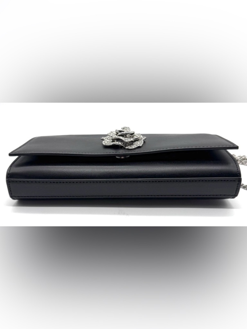 Michael Kors Bellamie Black Leather Crystal Flower Evening Clutch Bag - Picture 7 of 10